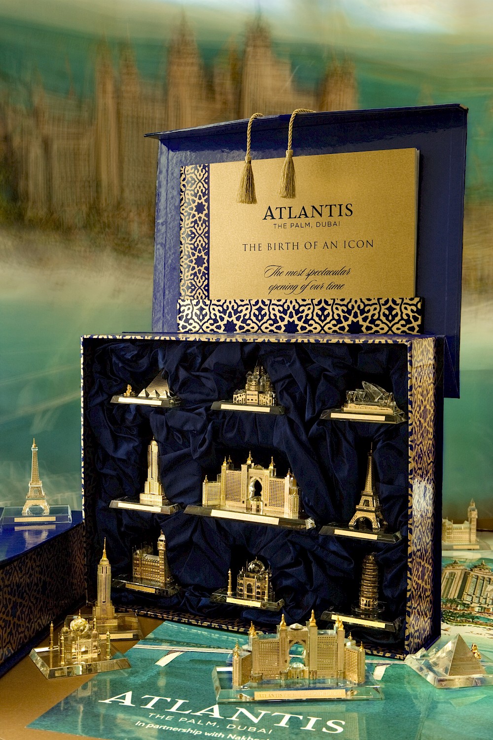 Invitation interior detail featuring 9 crystal replicas of the world's architectural wonders