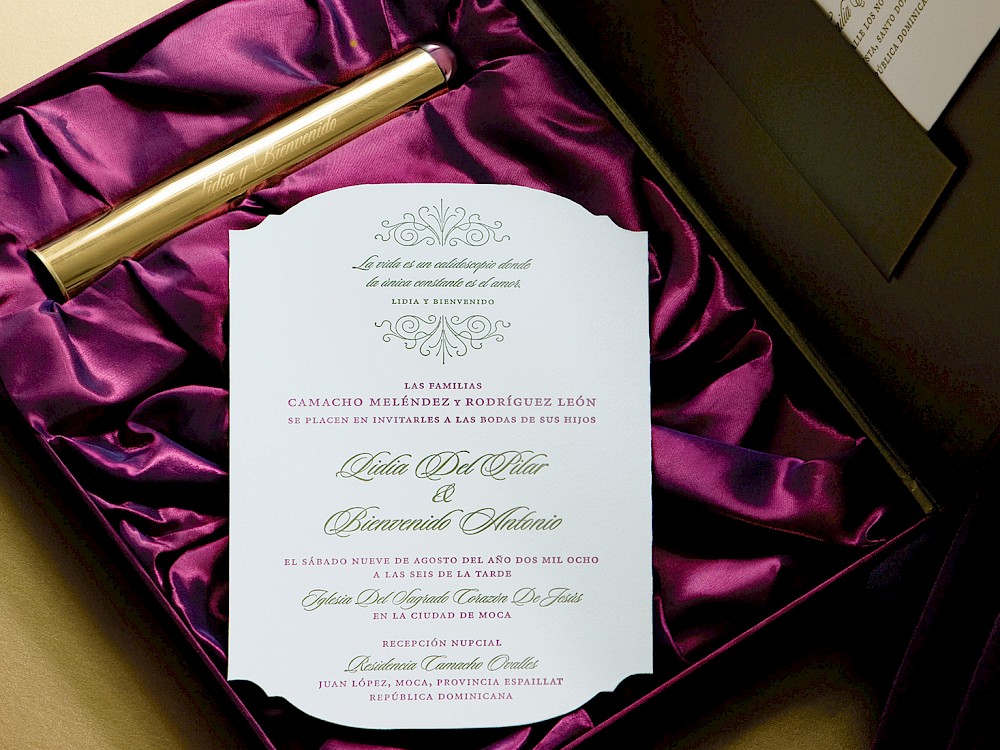 Brass inscribed taleidoscope and taffeta boxed letterpressed wedding invitation