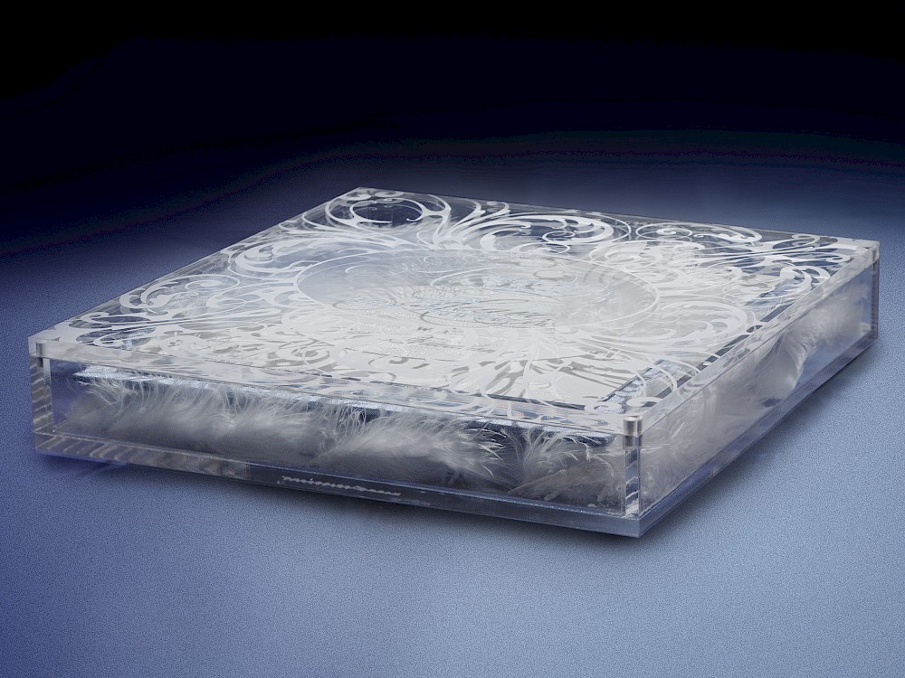 Individually personalized etched lucite boxed wedding invitation