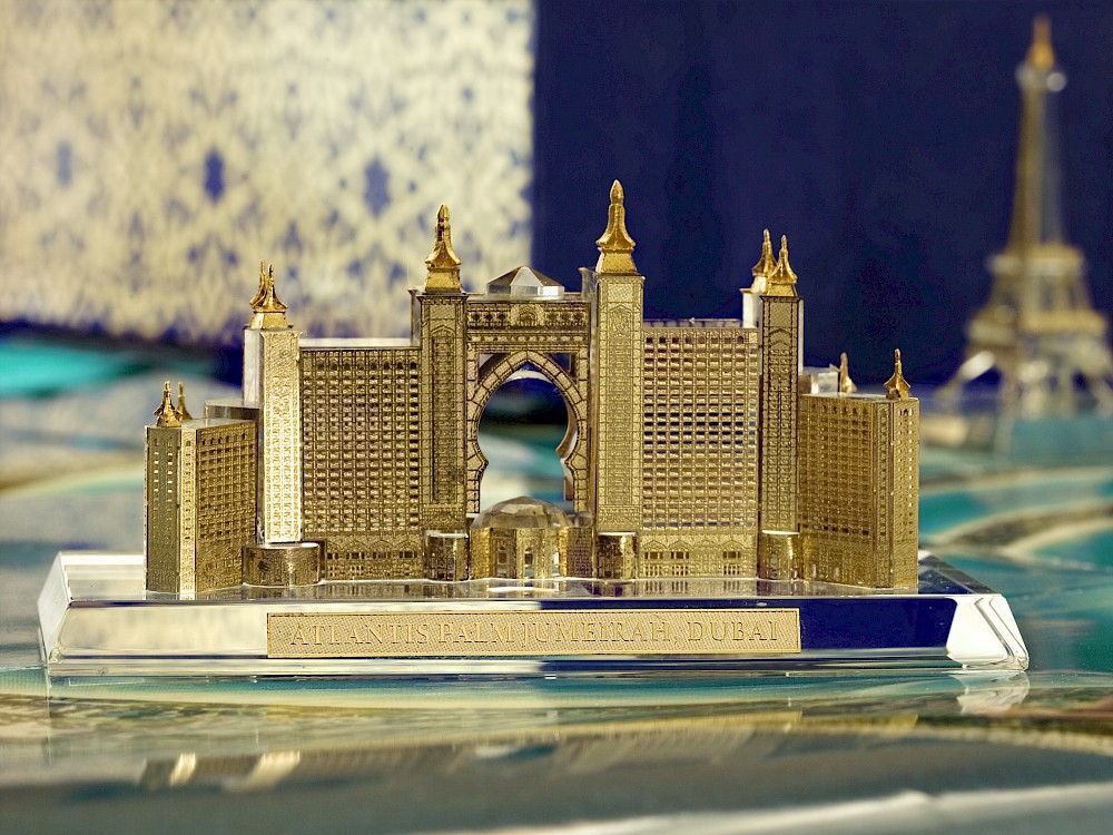 Crystal and gold replica of Atlantis, The Palm Dubai for gift shop and VIP guests