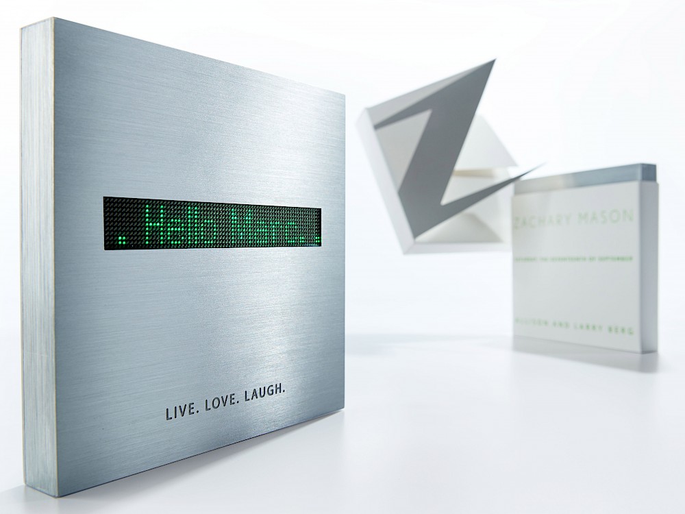 Brushed aluminum, personalized LED keepsake invitation