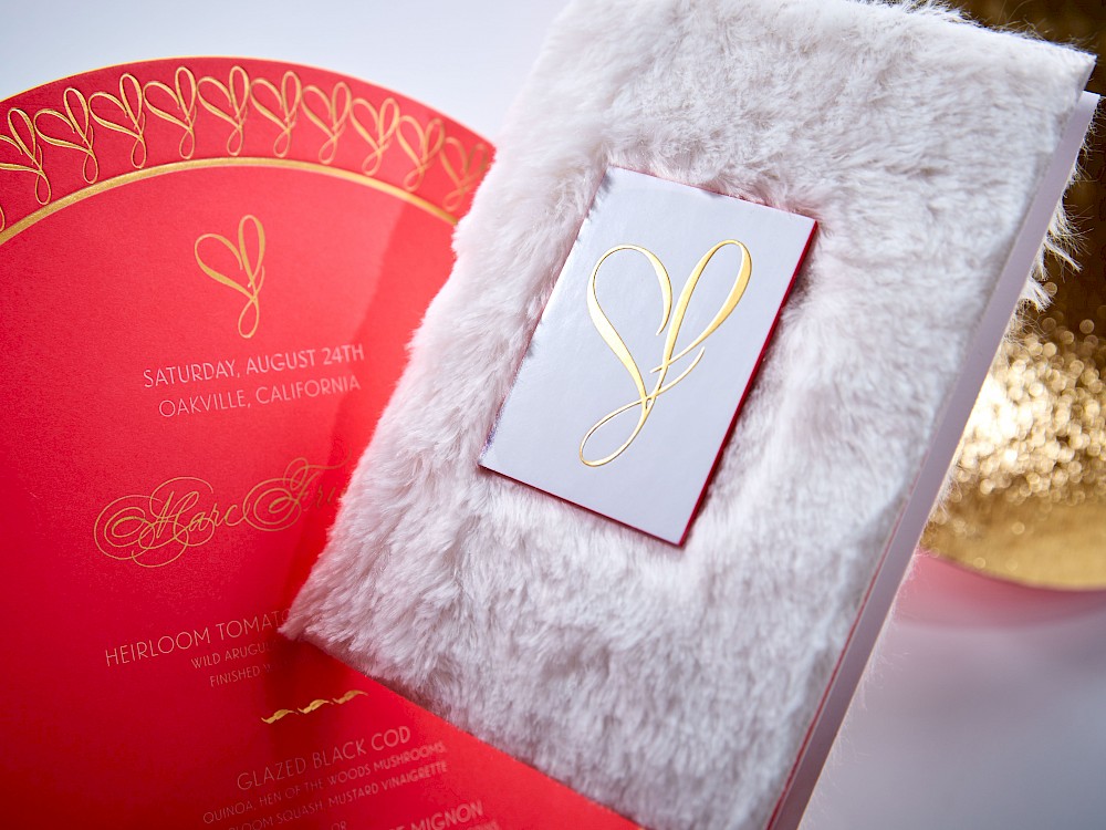 Personalized dinner menu/table charger and faux-fur program