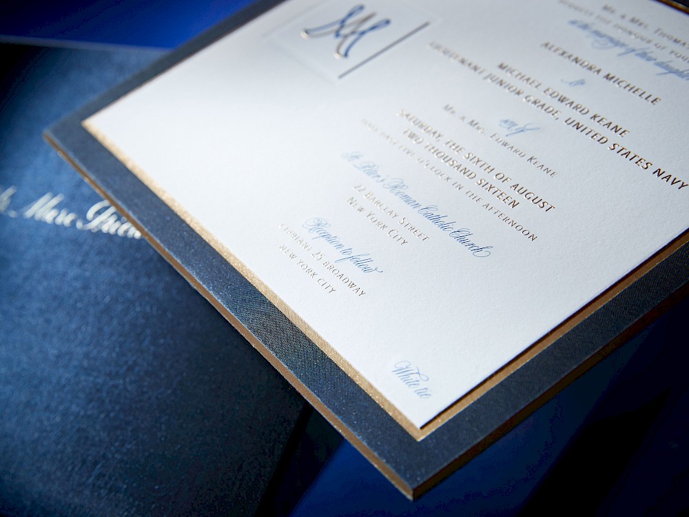 Champagne beveled edge and sapphire taffeta engraved invitation