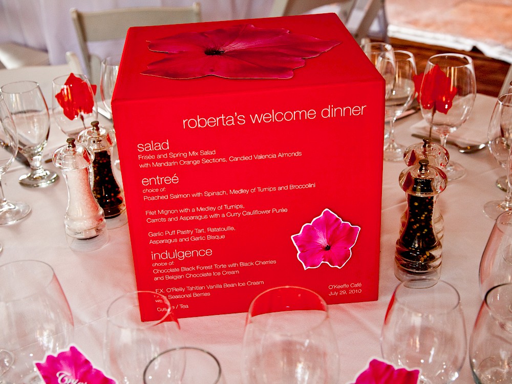 Table "number"/menu centerpiece box contained hidden gifts for each guest at the table