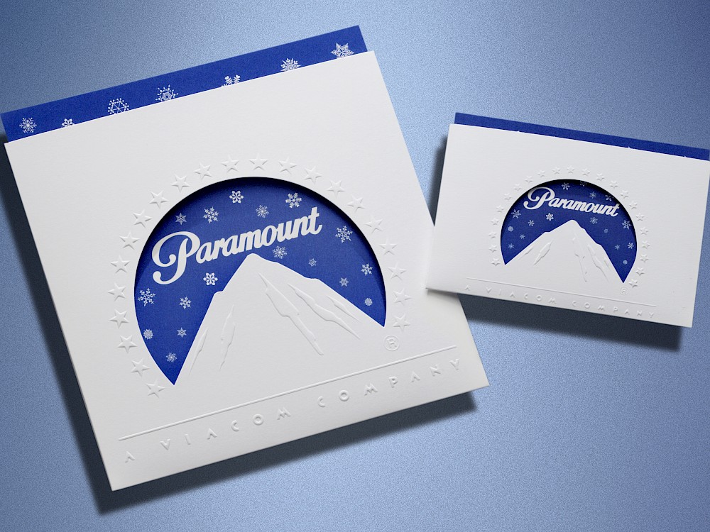 Die-cut and embossed holiday card and gift card for Paramount Pictures